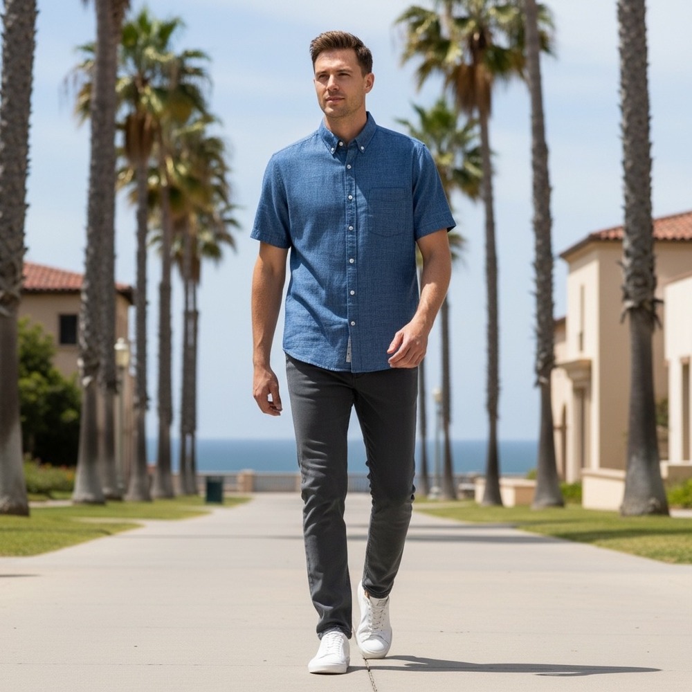 Ace Rivington Mens Blue Slub Cotton Short Sleeve Button Down Shirt Small S